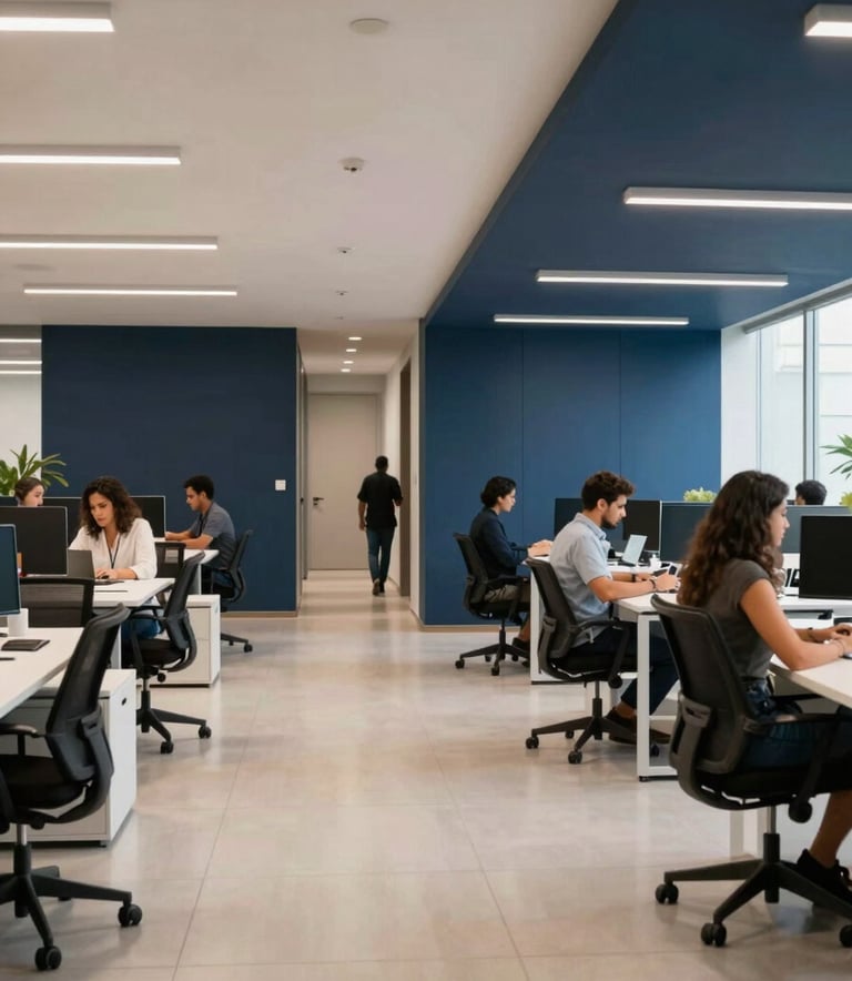 A wide-angle interior shot of a contemporary office in São Paulo. The space is filled with natural light, featuring clean lines and a professional color scheme of dark blue and off-white. In the background, South American employees are working efficiently in a collaborative environment.