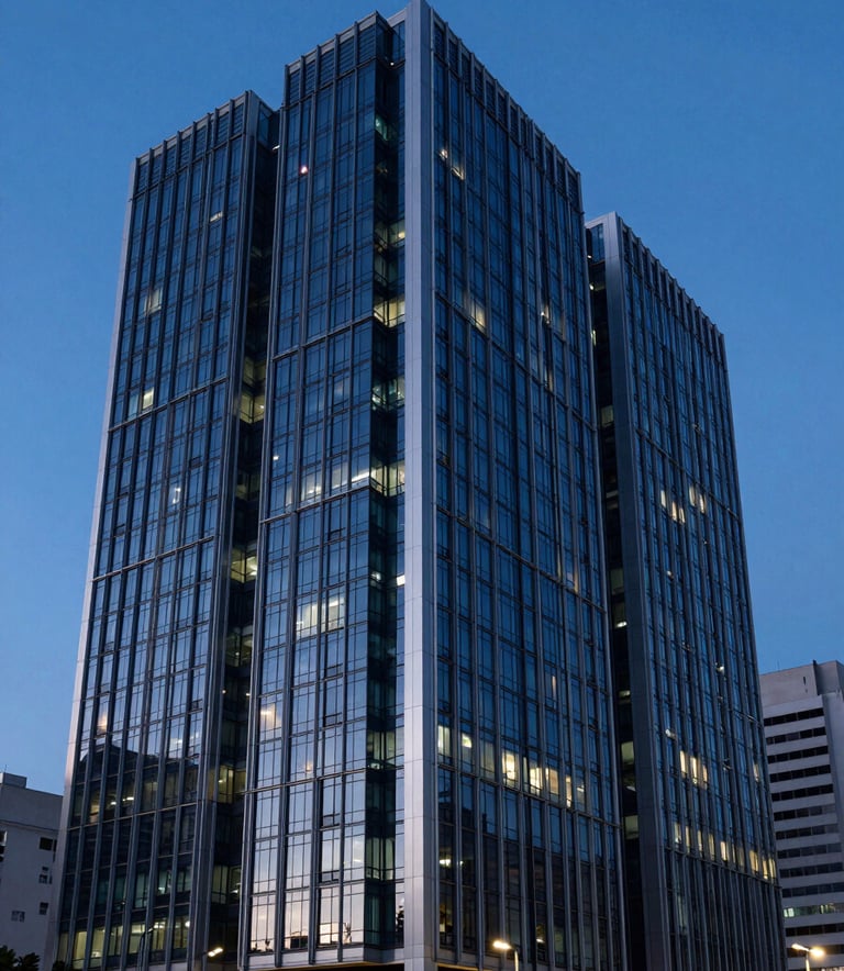 A sophisticated architectural photograph of a modern corporate building in a major Brazilian city at dusk. The facade is made of glass and steel, reflecting deep dark blue and medium blue tones from the evening sky. The lighting is crisp, professional, and emphasizes clean, innovative lines.