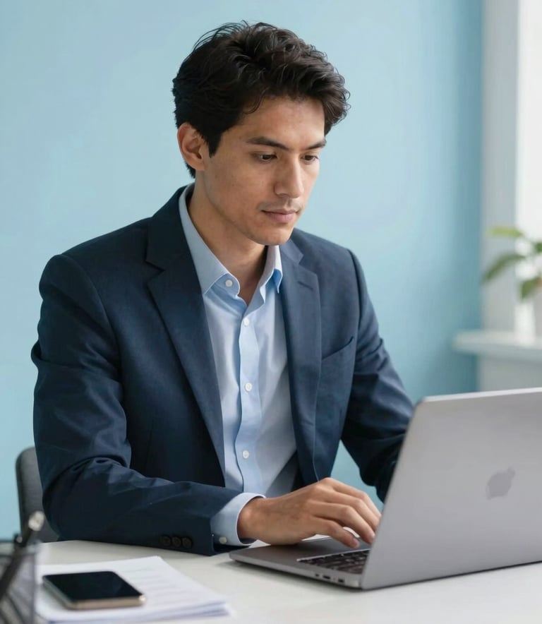 A professional South American / Brazilian business person in a bright and airy workspace, using a sleek laptop, soft sky blue wall in the background, clean and innovative atmosphere.