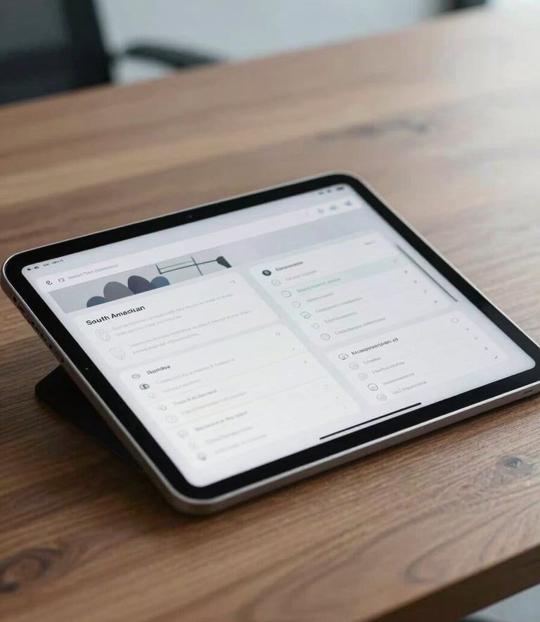 A close-up of a digital tablet displaying clean modern interfaces on a sleek wooden desk, South American / Brazilian professional office setting, natural soft sky blue lighting, minimalist and efficient mood.