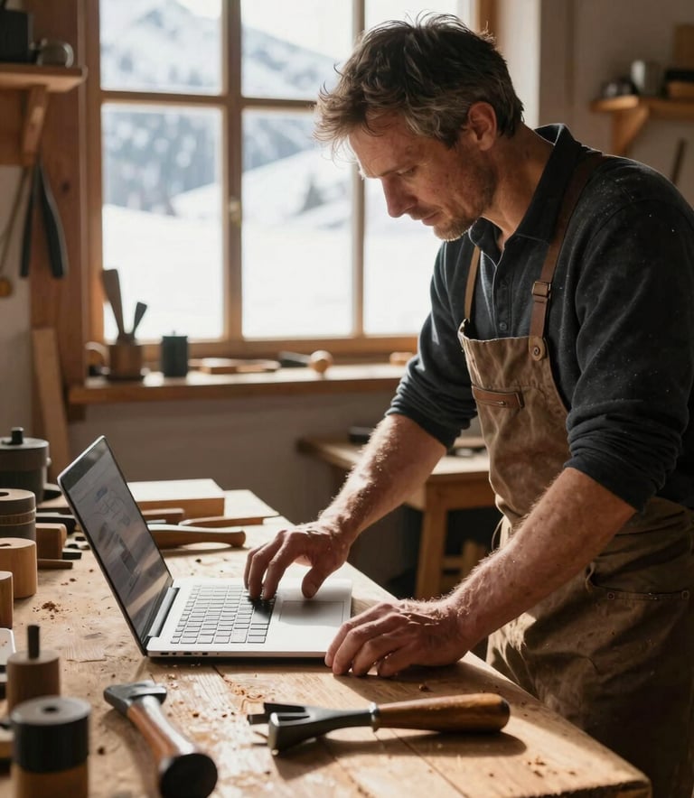 A traditional Swiss carpenter in his sunlit alpine workshop, warm morning daylight streaming through the window, a laptop open on a rustic wooden workbench next to hand tools.