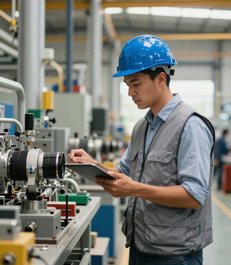 A professional South American / Colombian industrial engineer in a grey safety vest and blue hard hat inspecting a modern manufacturing facility, natural lighting, sharp focus on technical details.