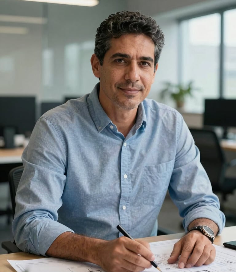 Portrait of a professional male HSEQ specialist in his late 40s, representing Ing. Ricardo Romero, in a modern office in Colombia. He is dressed in business casual attire with a focused, trustworthy expression, with industrial blueprints on the table.