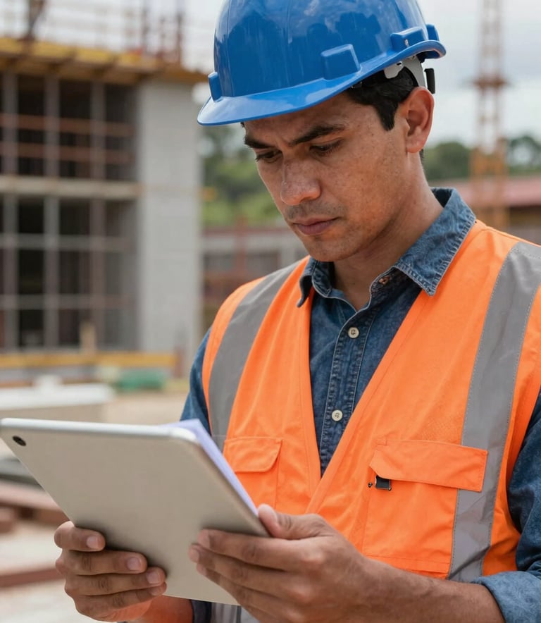 A detailed close-up of a professional engineer in a South American construction site in Colombia, wearing a safety orange vest and industrial blue helmet, holding a digital tablet and reviewing a technical safety checklist with a focused expression.