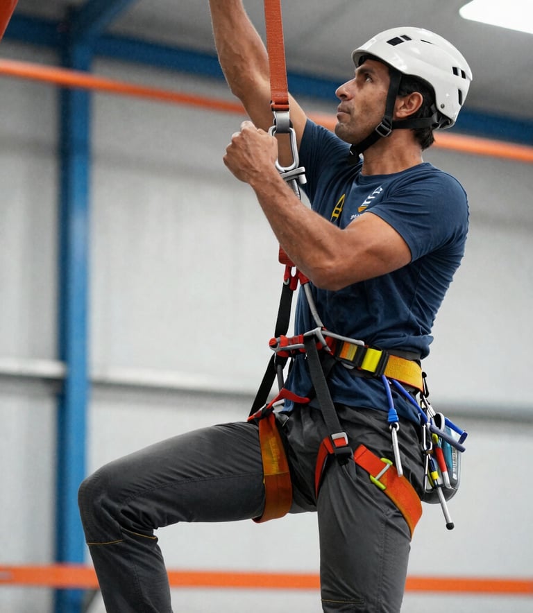 South American / Colombian safety instructor demonstrating professional climbing harnesses and equipment at a training center, bright industrial background with blue and orange accents.