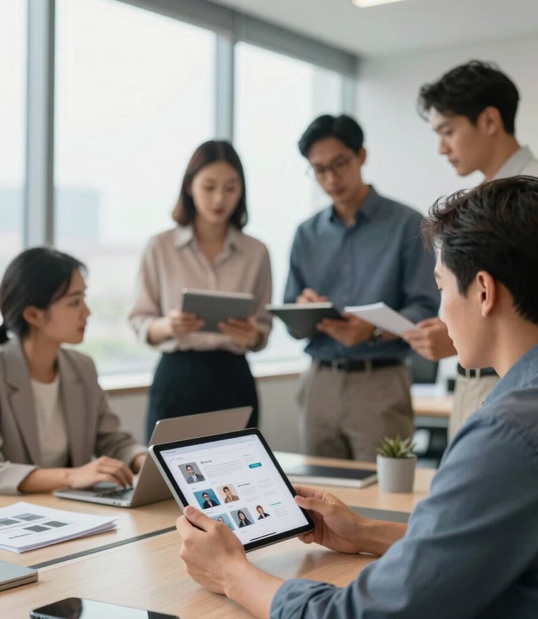A diverse group of Malaysian professionals working together in a sleek, modern office space with large windows. One professional is using a tablet showing a social media integration interface. The mood is empowering and reliable, using a palette dominated by #4A6C70 and soft #F0F5ED.