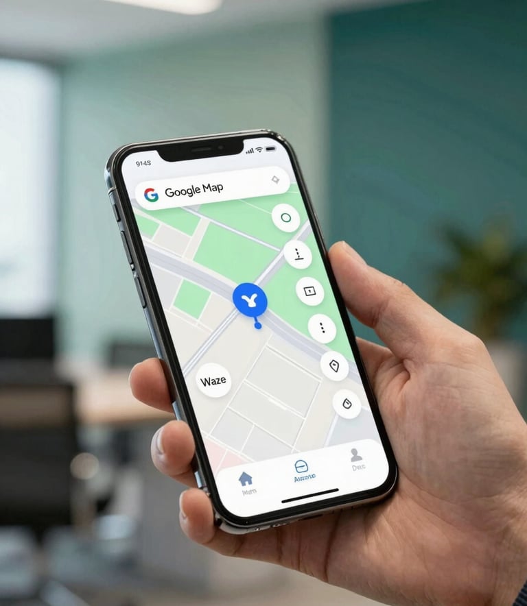 A close-up of a smartphone screen displaying Google Maps and Waze navigation icons, held by a person in a modern Malaysian office setting. Professional lighting, incorporating the sage green #A4C3A8 and deep teal #1C2D2F colors in the background decor.