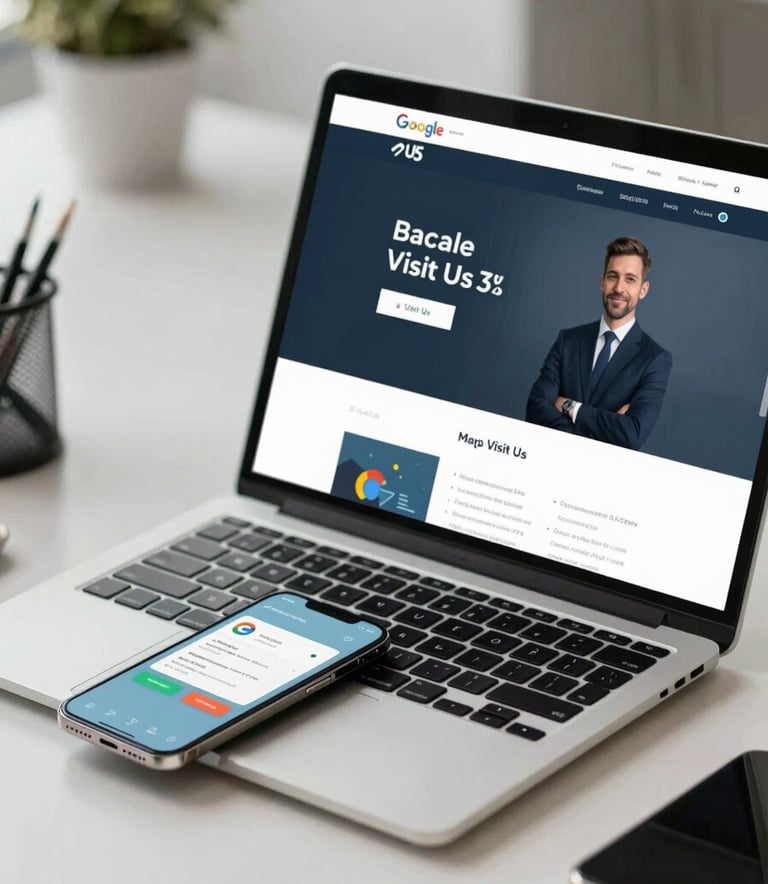 A high-quality, professional photograph of a smartphone and laptop on a clean office desk. The laptop screen shows a modern e-commerce website with a Google Maps 'Visit Us' button clearly visible. The lighting is soft and natural, emphasizing a sophisticated Malaysian business environment. Colors feature #1C2D2F and #A4C3A8 accents.