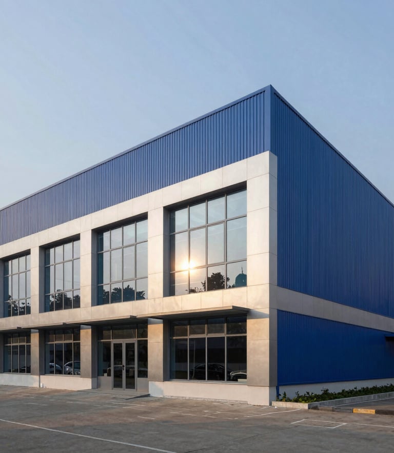 A professional exterior architectural photograph of a modern, sophisticated industrial facility located in an Indian industrial park in Pune. The building features clean lines and large windows, reflecting the afternoon sun. The color palette includes oxford blue and platinum architectural elements, conveying reliability and precision in a South Asian / Indian setting.