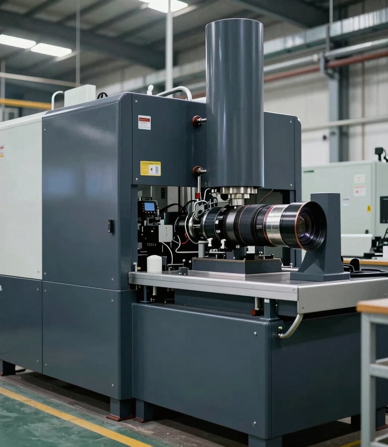 A sophisticated manufacturing facility in India, clean industrial environment showing advanced machinery, charcoal and slate blue color scheme.