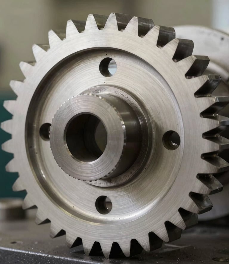 Macro photography of a high-precision metallic mechanical gear, industrial setting in India, professional lighting, color palette of off-white and charcoal.