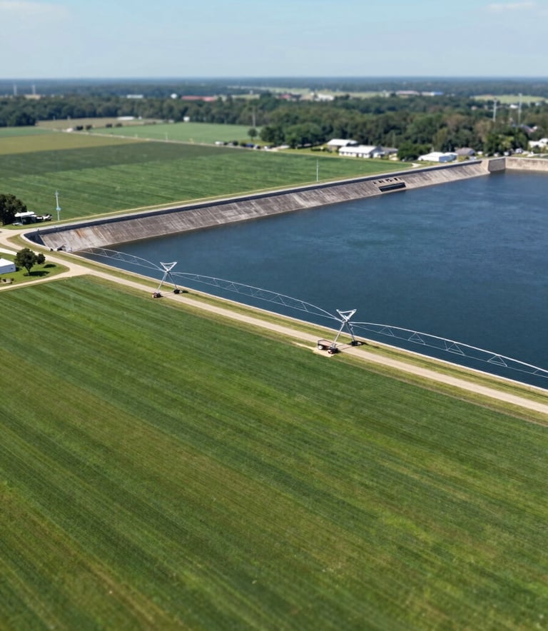 A wide-angle aerial shot of a well-organized farm in MS, showing a modern dam and irrigation infrastructure. The composition is clean and expansive, reflecting a consolidated engineering firm. Colors focus on the lush green of the plantation (#2E5F49) and the sophisticated dark blue of the water (#0F2027).