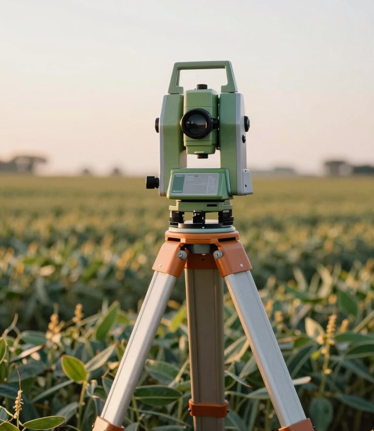 A high-precision total station surveying equipment set up in a vast soybean field in Mato Grosso do Sul at sunrise, soft golden lighting, professional engineering atmosphere with colors #0F2027 and #2E5F49 subtle in the background.