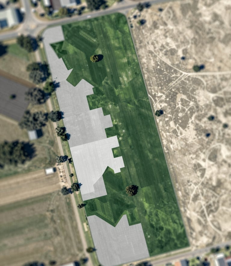Top-down satellite-style view of a rural property with clean, digital mapping overlays highlighting environmental reserve areas, using professional tones of #2E5F49 and #A0A8A4.