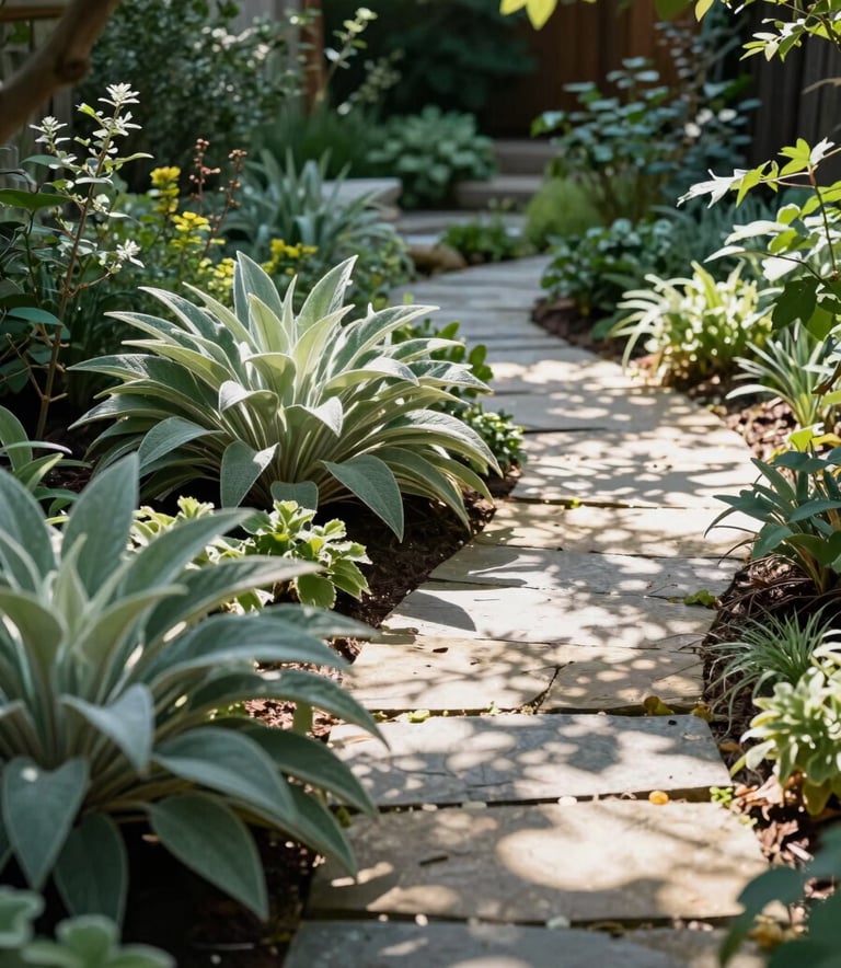 A serene backyard landscape in the North American / US, featuring a stone path winding through healthy plants. Dappled sunlight filters through trees, highlighting sage green foliage and meticulous garden maintenance.