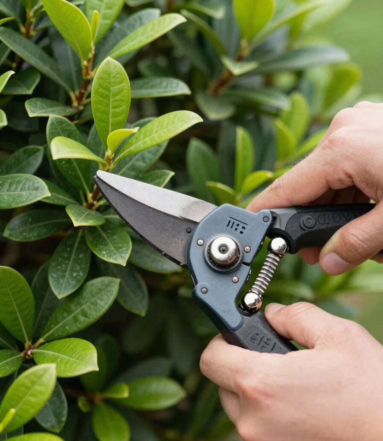 Close-up of professional hands pruning a lush flowering shrub in a North American / US garden. Sharp focus on the clean cut and vibrant forest green leaves.