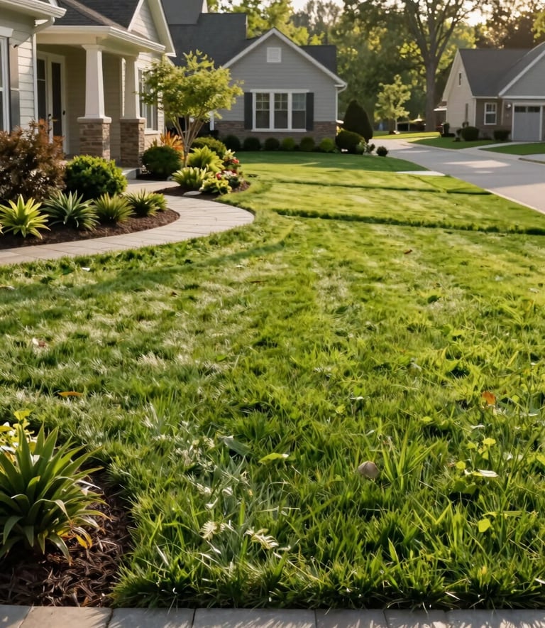 A wide-angle photography shot of a perfectly manicured North American / US suburban front yard in the spring. The scene features a lush, leaf green lawn with crisp, clean edges, healthy foundation plantings, and a clean stone walkway. The lighting is soft morning sunlight, creating a serene and professional atmosphere.