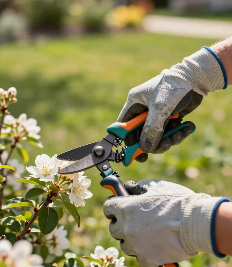 A professional photography close-up of a gardener's hands wearing durable gloves using high-quality pruning shears on a flowering shrub. The setting is a North American / US backyard during a bright, sunny afternoon. The background shows a soft-focus, lush spring green garden, conveying a mood of meticulous care and professional service.