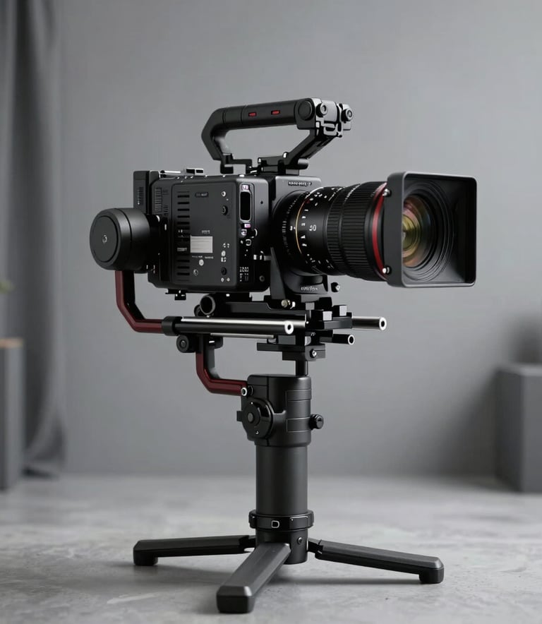 A high-end cinema camera mounted on a professional stabilizer, positioned in a modern South American / Brazilian studio with soft, cinematic lighting and a clean, sophisticated atmosphere using charcoal grey tones.
