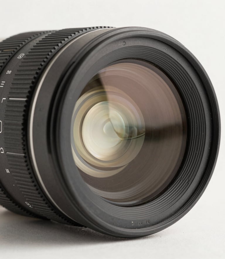 A macro, high-detail photograph of a high-end cinema lens showing intricate glass elements and focus markings. The lighting is clean and professional with neutral tones, set against an off-white background in a South American / Brazilian production studio.