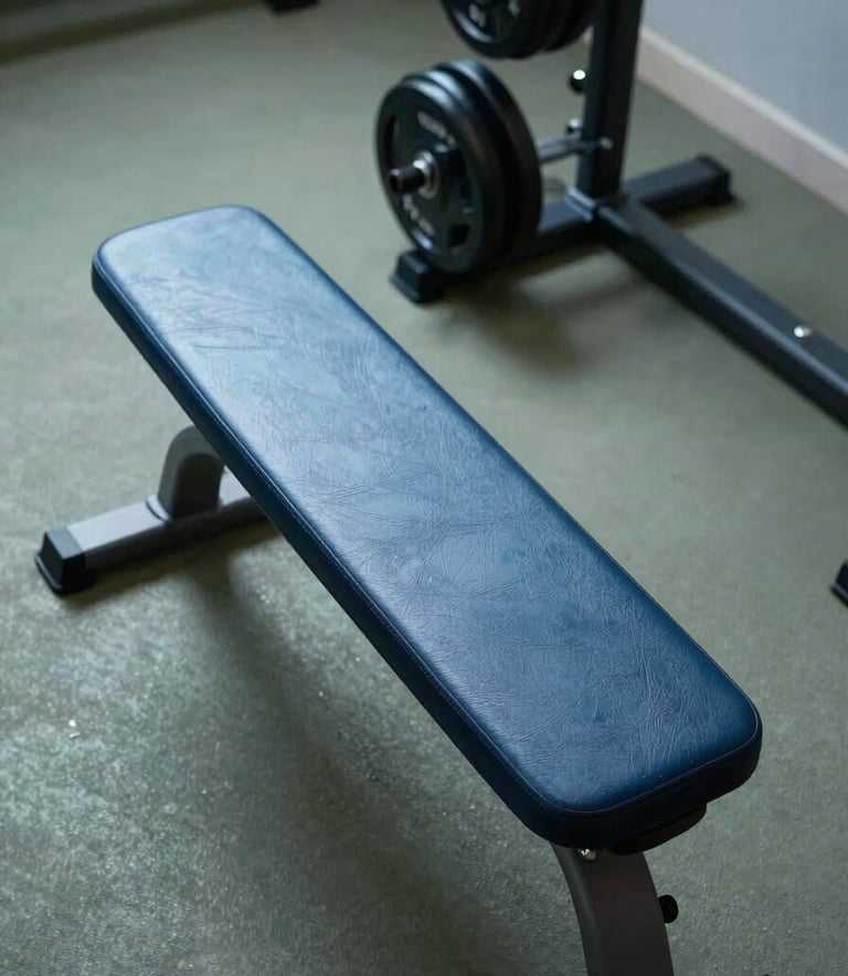 An overhead view of a clean, organized workout space with a leather weight bench and polished weights, embodying a modern and results-oriented aesthetic. Tones of Steel Blue and Muted Sage dominate.