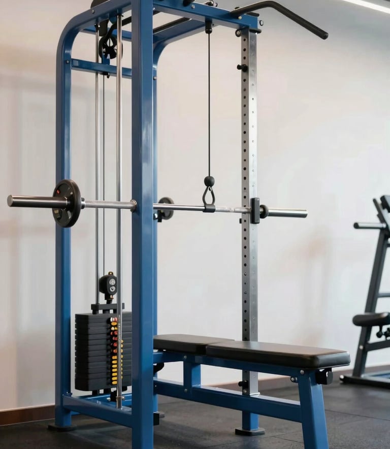 A clean, modern photography shot of high-end resistance training equipment in a gym with steel blue accents. The lighting is bright and professional, emphasizing a results-oriented atmosphere with a crisp off-white backdrop.