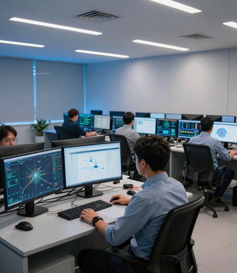 A professional interior shot of a modern network operations center in a South American city. Technicians are working at workstations with multiple monitors displaying data maps, illuminated by soft blue ambient lighting and clean white spotlights. The atmosphere is corporate, high-tech, and organized.