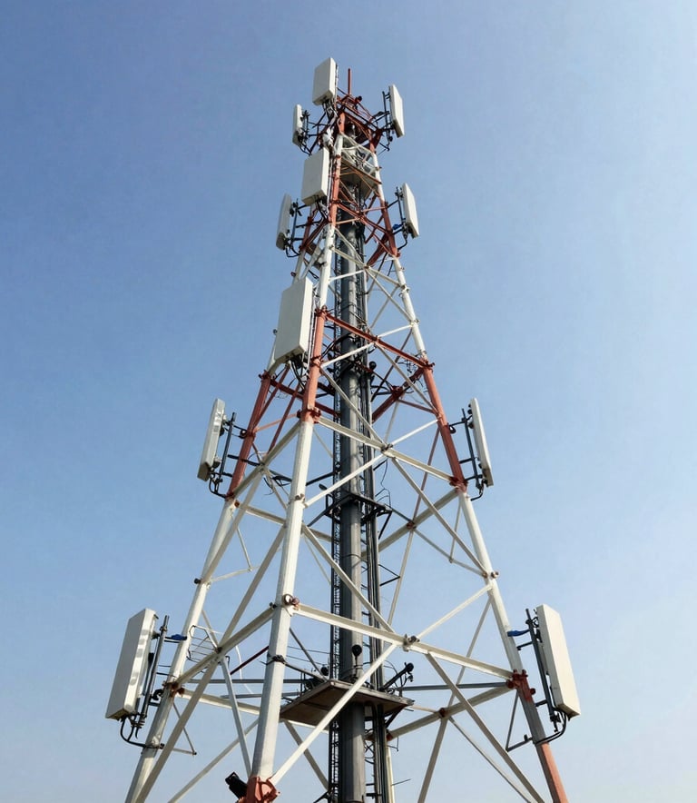 Wide-angle outdoor shot of a modern telecommunications tower against a bright South American / Brazilian sky, sharp focus, representing engineering excellence and corporate reliability, blue and white tones.