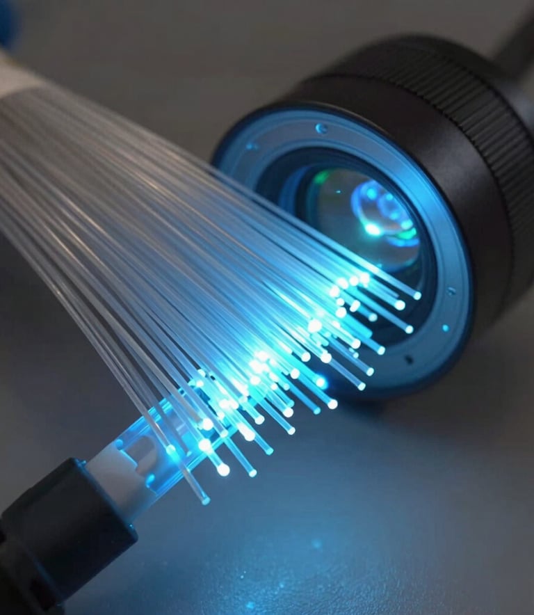 Detailed photograph of fiber optic cables glowing with soft blue light, representing high-speed data transmission and neutral network infrastructure in a South American / Brazilian context.