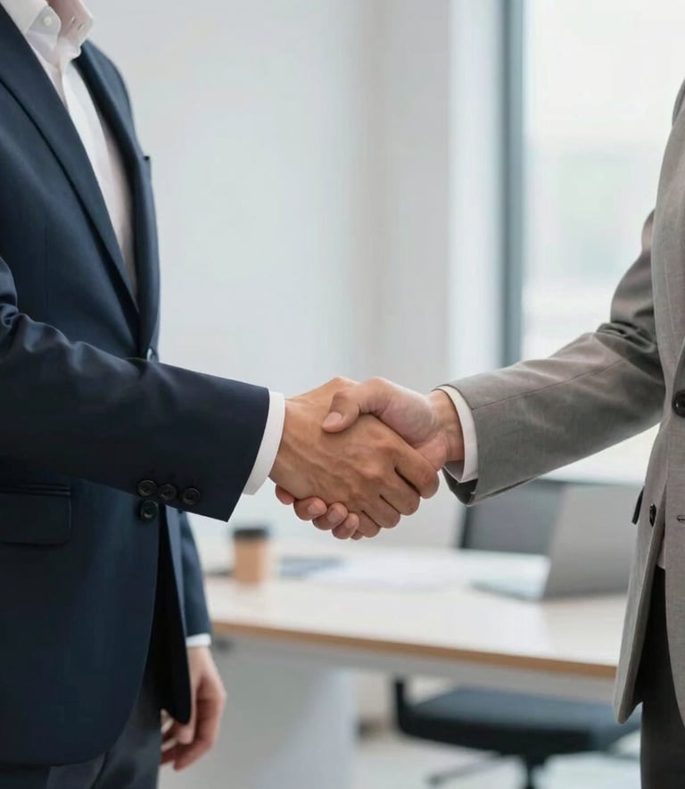 A professional North American business setting where two individuals are seen from the side shaking hands, wearing modern business attire, with a soft-focus background of a clean, bright workspace.