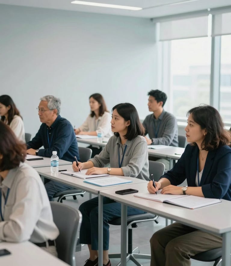 A group of focused adults in a brightly lit, modern North American classroom participating in a career workshop, soft natural light, minimalist interior design with Light Grey and Pale Blue accents.