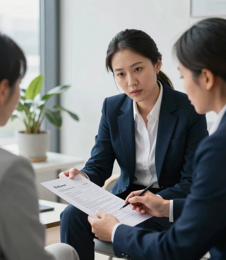 A focused one-on-one career counseling session in a bright, modern North American office. A mentor and a candidate review a resume together. Soft natural light, clean navy blue and soft grey accents in the professional decor.
