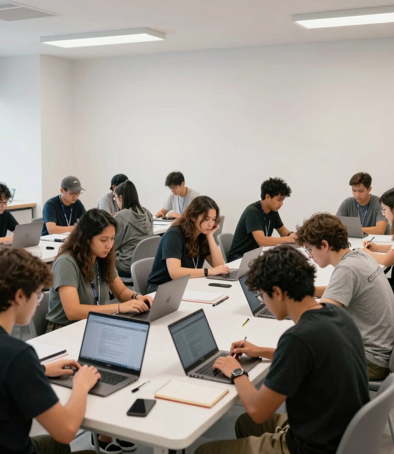 A wide shot of a collaborative community workshop in a North American setting. People are gathered around tables with laptops and notebooks, working together under bright, even lighting in a minimalist, clean environment.