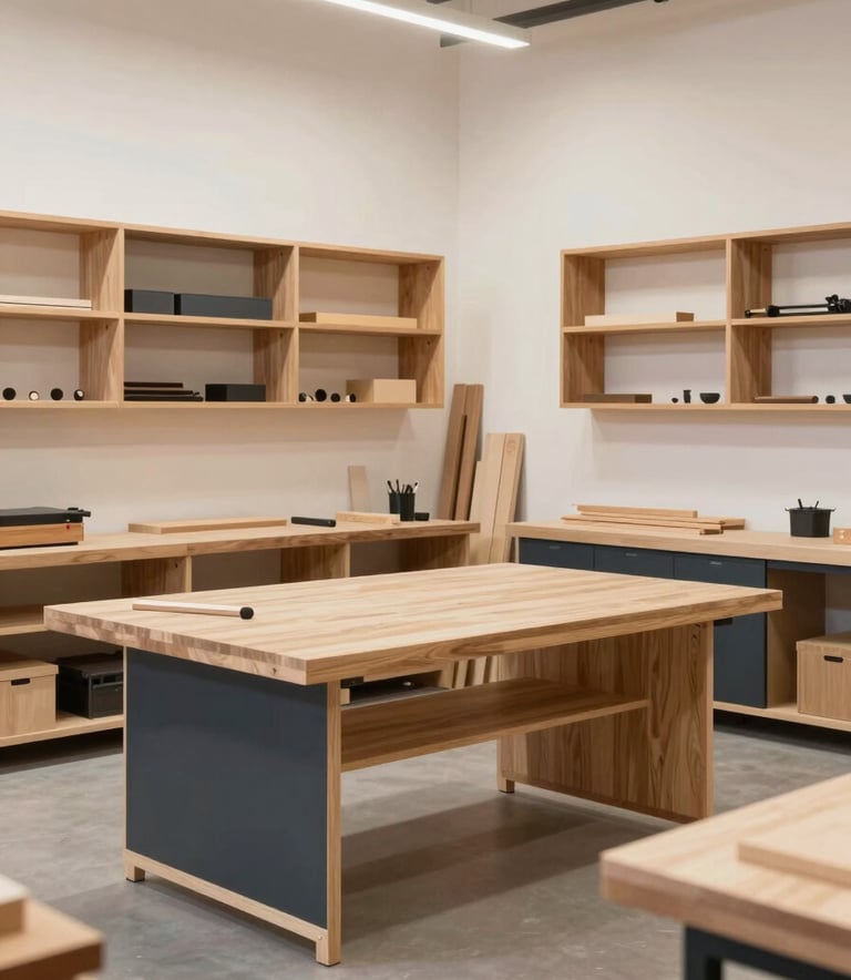 A wide-angle, modern photograph of a bright and organized woodworking studio. Sleek custom-made wooden shelves and a large work table dominate the space. The scene is airy and professional, using a color scheme of light wood #BCA99D, dark accents #2C2720, and bright walls #F8F4ED.