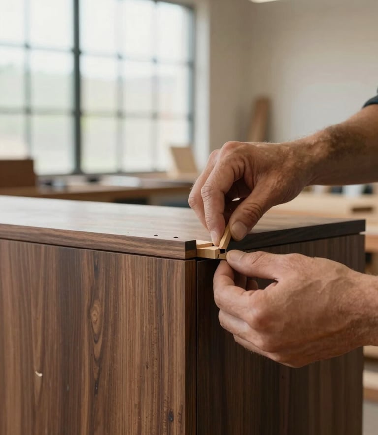A close-up, high-detail photograph of a master carpenter's hands assembling a dovetail joint for a bespoke walnut cabinet. The lighting is soft and natural, coming from a large workshop window. The color palette features rich browns like #2C2720 and #7B5E4A, with clean, minimalist workshop surroundings in #F8F4ED.