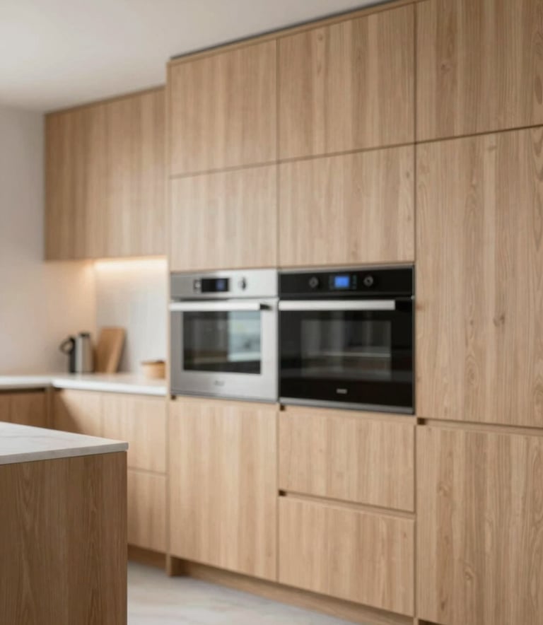 A luxury modern kitchen with minimalist wooden cabinetry in a light oak finish, integrated appliances, and a marble countertop. The lighting is bright and airy, emphasizing clean lines and the high-quality wood textures of Mauri Woods.