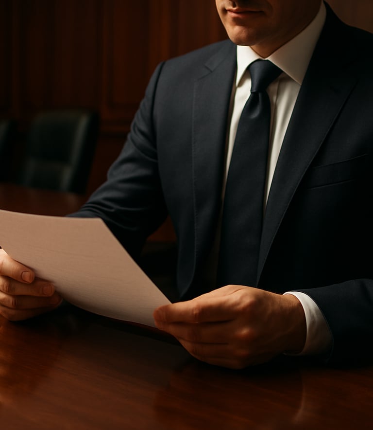 A close-up photograph of a professional in a dark navy suit reviewing a document in a sophisticated North American / US boardroom setting. The lighting is focused and warm, highlighting textures of quality stationery and polished wood.