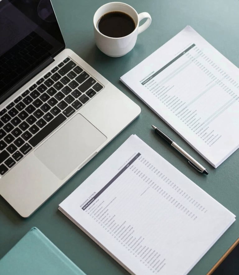 A top-down view of a professional desk in a North American / US office with a modern laptop, a cup of coffee, and neatly organized financial documents. The lighting is bright and clean, with accents of dark forest green and soft teal in the stationery.