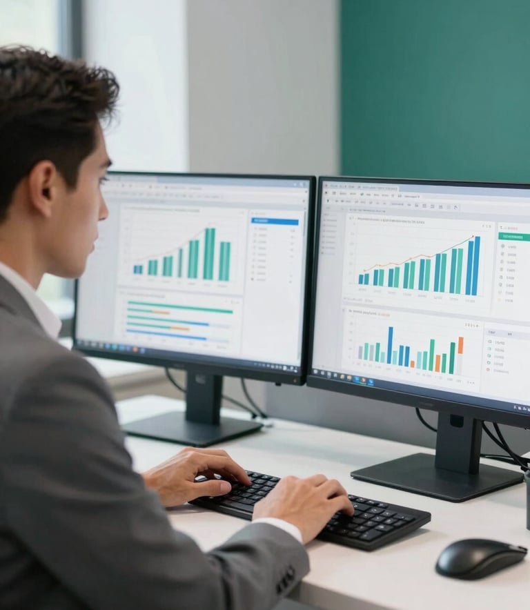 A professional accountant in modern business attire working in a bright North American / US office setting. They are focused on a dual-monitor setup showing clear financial charts, with pale mint white walls and deep sea green decor in the background.