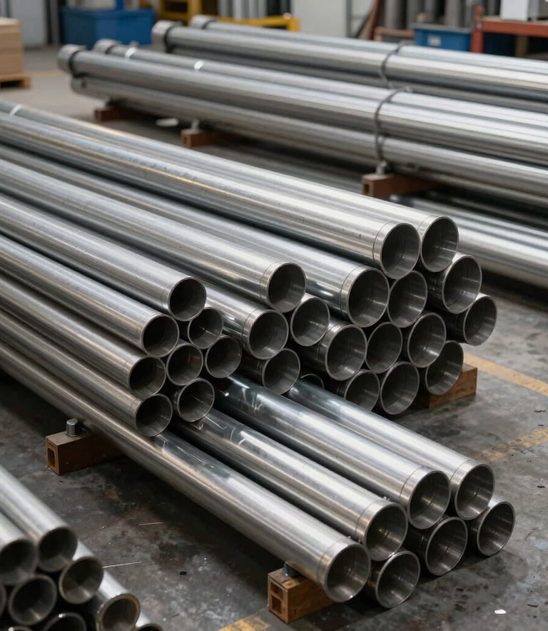 Wide-angle photography of an organized industrial warehouse filled with stainless steel pipes and plates, natural light highlighting the metallic textures, professional and clean Brazilian facility.