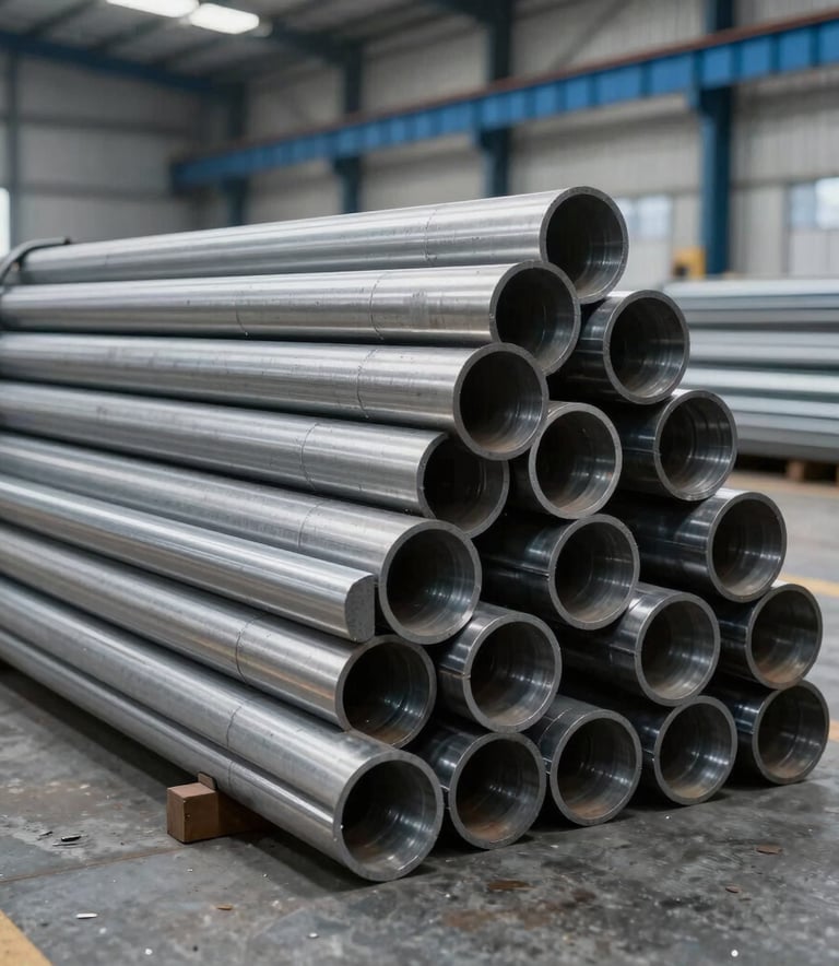 Detailed photography of stacked high-grade stainless steel round bars in a modern industrial warehouse, clean slate gray and navy blue tones, sharp professional lighting, South American / Brazilian metal distribution center.