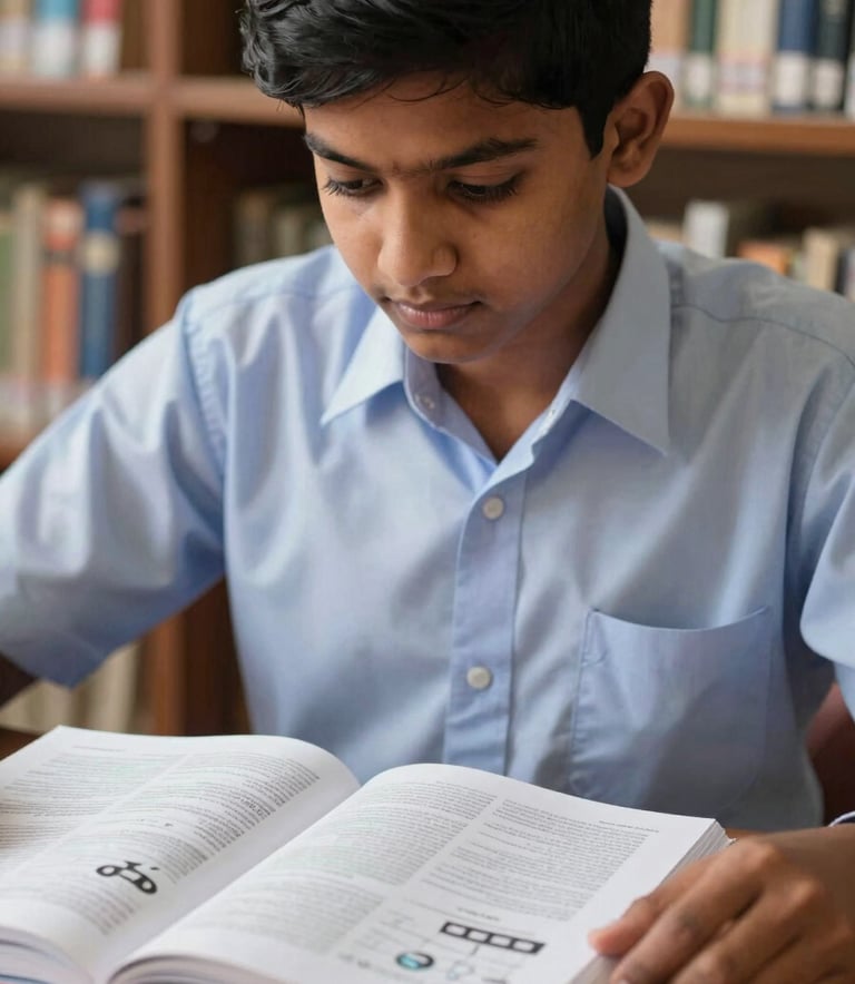 A close-up photograph of a focused student in a clean, professional school uniform in a South Asian / Bangladeshi library setting, looking at an open STEM textbook. The image emphasizes high-quality printing and clear diagrams on the pages. Soft, natural light.