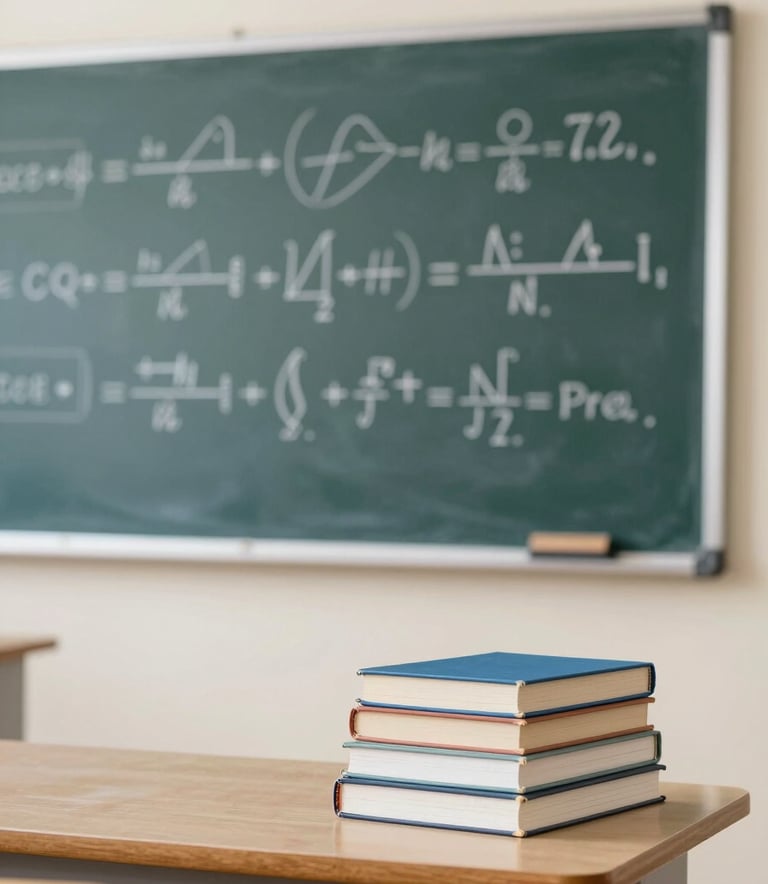 A professional and clean photography of a modern classroom setting in Bangladesh, showing a chalkboard with physics formulas and a stack of books on a desk, using a palette of off-white and soft blue.