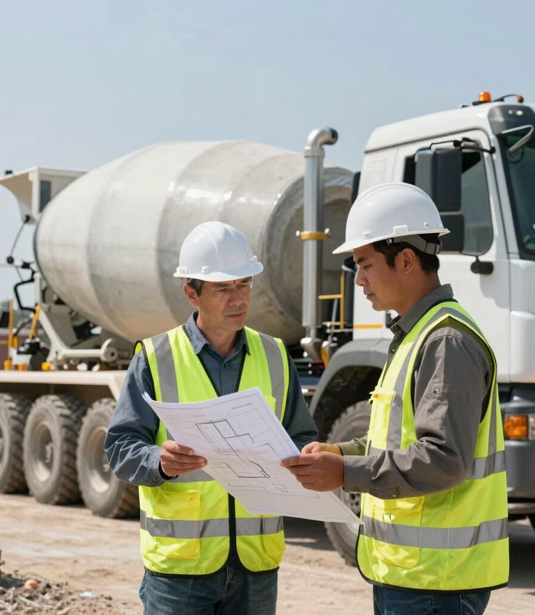 Industrial photography of a construction site foreman in high-visibility gear reviewing architectural plans next to a large concrete mixer truck on a North American / US site. Strong composition, professional mood.