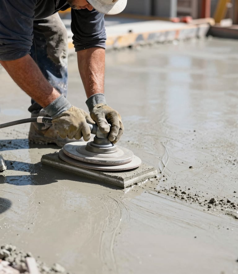Close-up action shot of a professional concrete finisher in safety gear using a magnesium float to smooth wet light-gray concrete. Bright daylight at a North American / US construction site. Clean, industrial aesthetic.