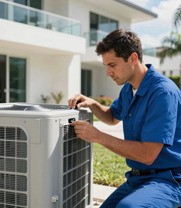 A professional technician wearing a clean blue uniform inspecting a modern HVAC unit outside a contemporary Miami residence, bright daylight, North American / US (Miami) architecture.