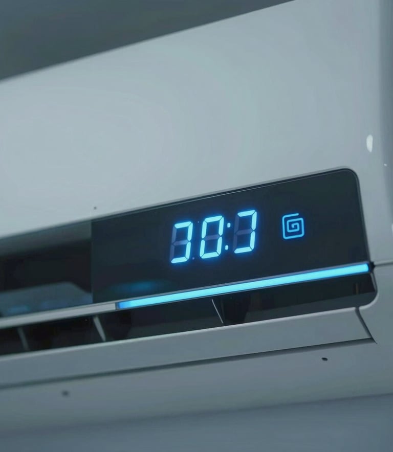 Macro photography of an air conditioning unit's sleek digital interface showing a temperature warning light, focused and sharp with cooling blue ambient light, high-tech aesthetic, North American / US (Miami).