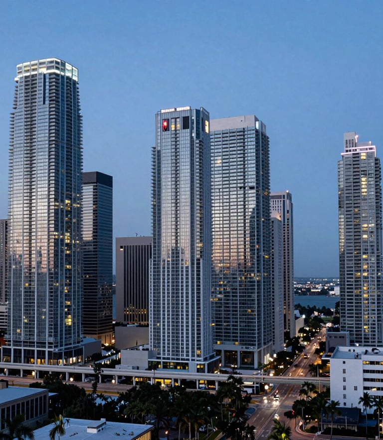A panoramic view of the Miami skyline at dusk, highlighting energy-efficient skyscrapers. The overall tone is cool and blue, representing perfect climate control on a city-wide scale. Professional architectural photography style.
