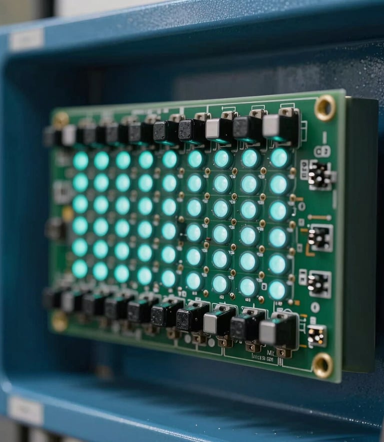 A close-up photograph of a precision HVAC control circuit board with light cyan indicator lights. The background is a clean, dark blue industrial setting in a North American / US (Miami) facility, captured with shallow depth of field for a sophisticated tech-forward feel.