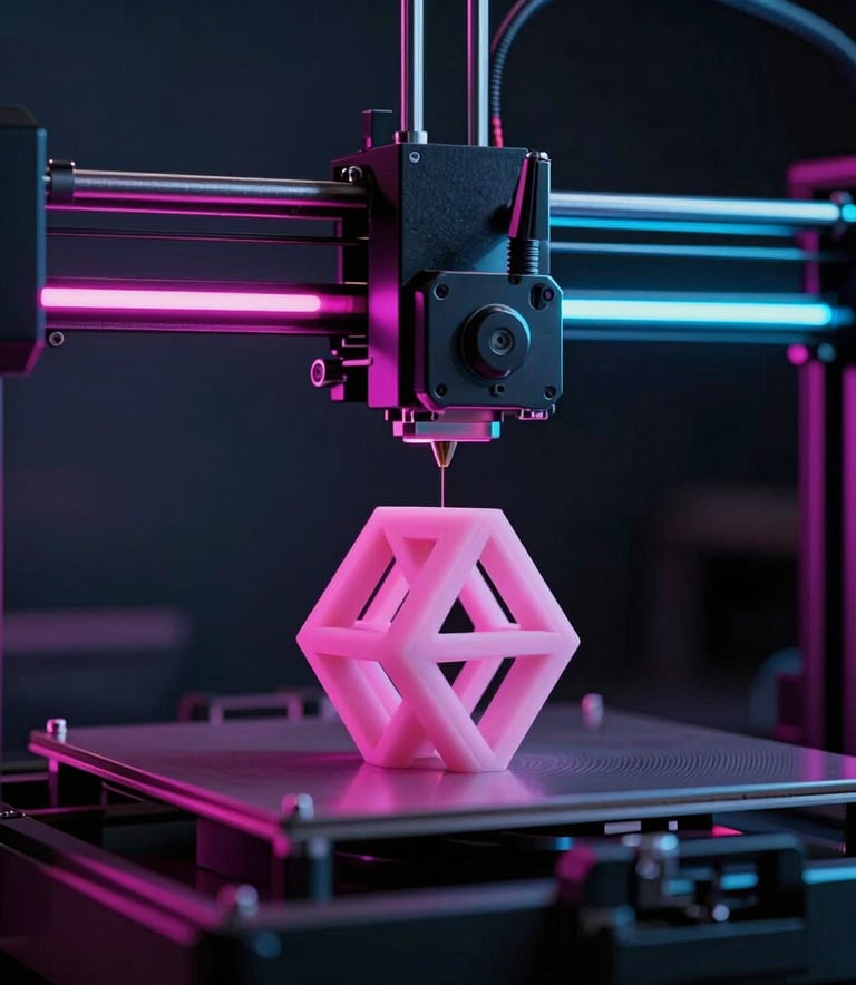 A sharp, close-up photograph of a professional 3D printer extruding a complex geometric shape in a dark, minimalist studio. The scene is illuminated by striking magenta and cyan neon lights, creating a high-tech European laboratory atmosphere.